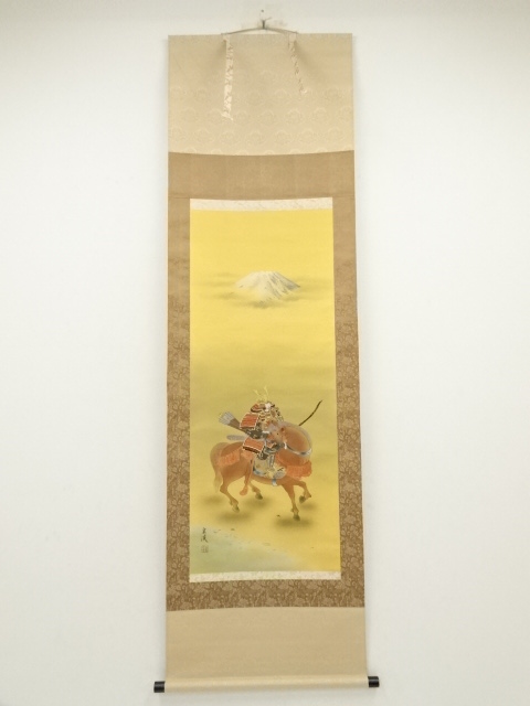 JAPANESE HANGING SCROLL / HAND PAINTED / Mt.FUJI & SAMURAI / ARTIST WORK